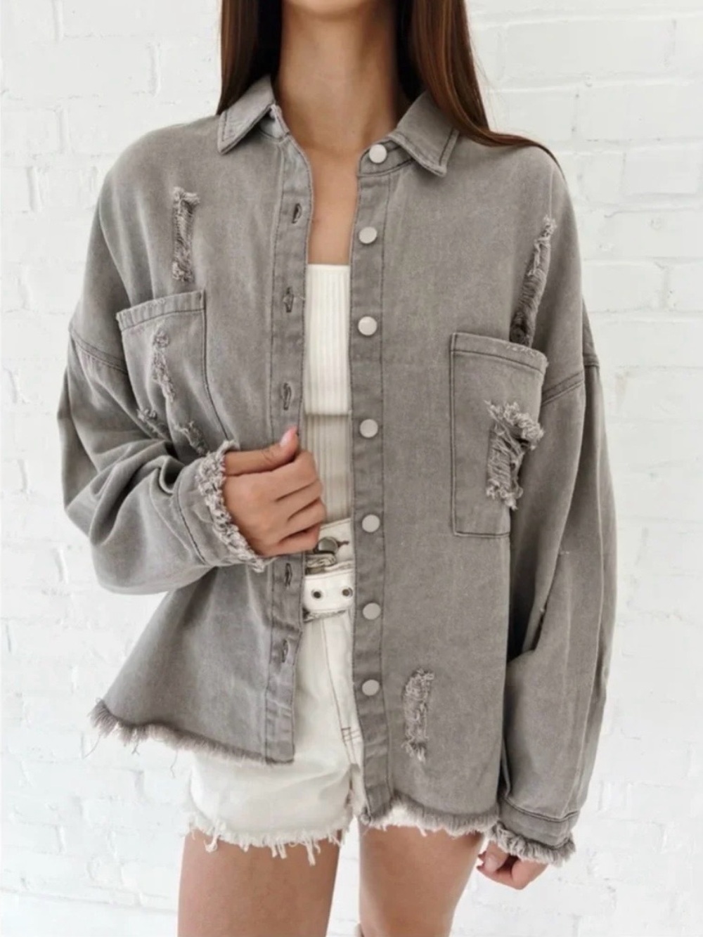 POL Washed Gray Distressed Oversized Jean Jacket Shacket Top size Small